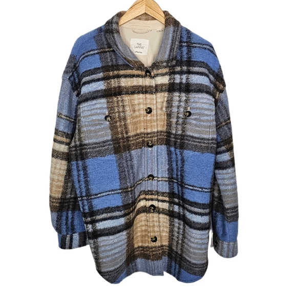 Aritzia Wilfred Ganna Jacket Wool Long Plaid Blue Brown Black Shacket Size 2XL - Picture 3 of 9